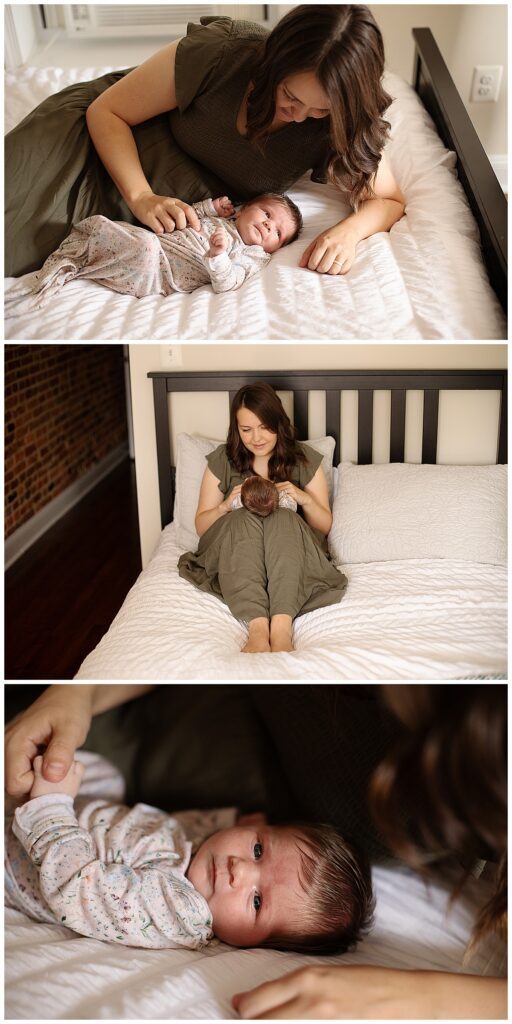 mom and newborn daughter snuggled on bed during in home newborn photo shoot