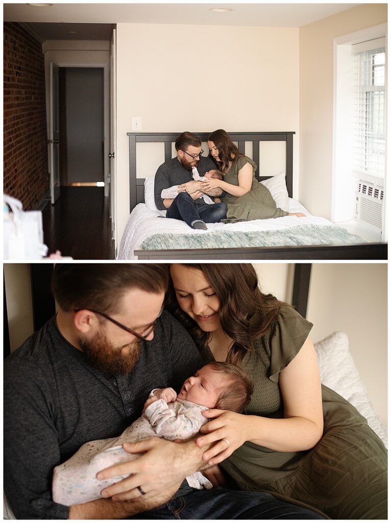 mom, dad, and baby snuggling on bed in baltimore in home newborn photoshoot