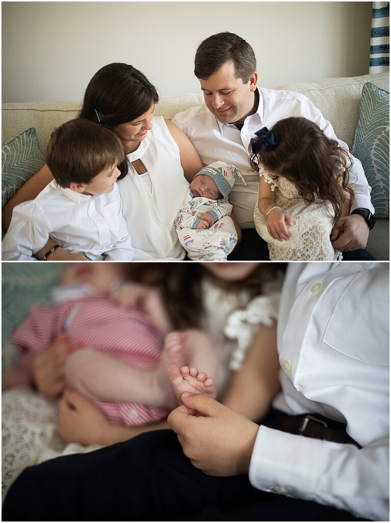 new baltimore family of five snuggling on couch during newborn session