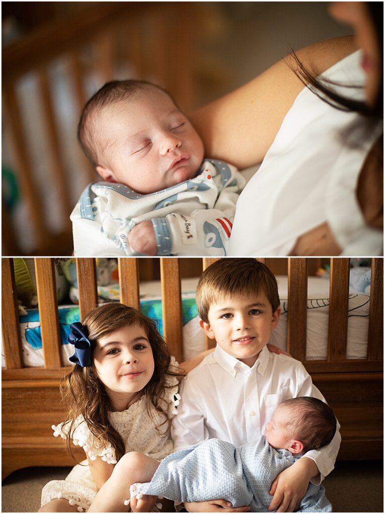 big brother and big sister holding newborn brother during maryland newborn photo session