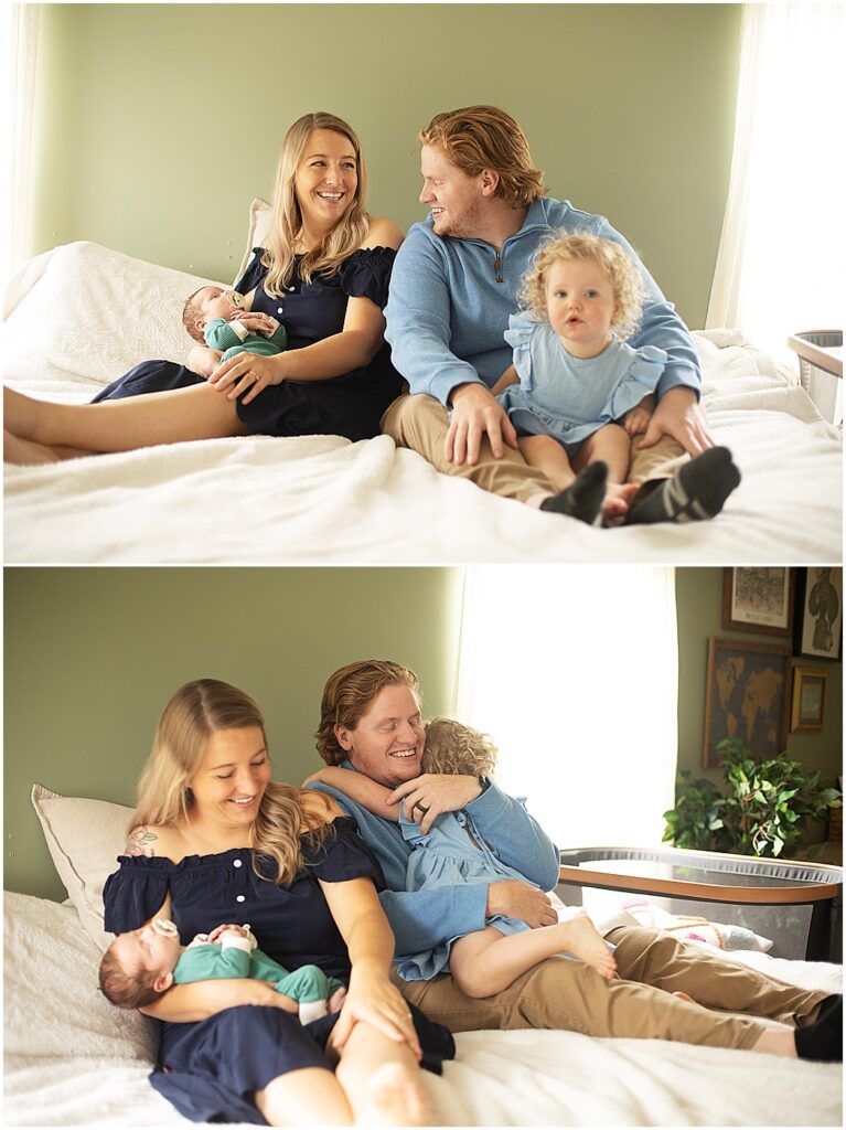 mom, dad, sister, newborn baby cuddled on bed during baltimore in home newborn session
