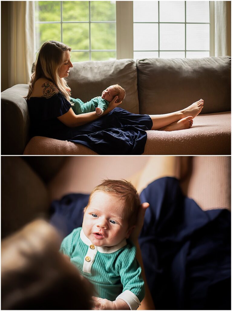 mom cuddling newborn on couch during in home newborn session baltimore