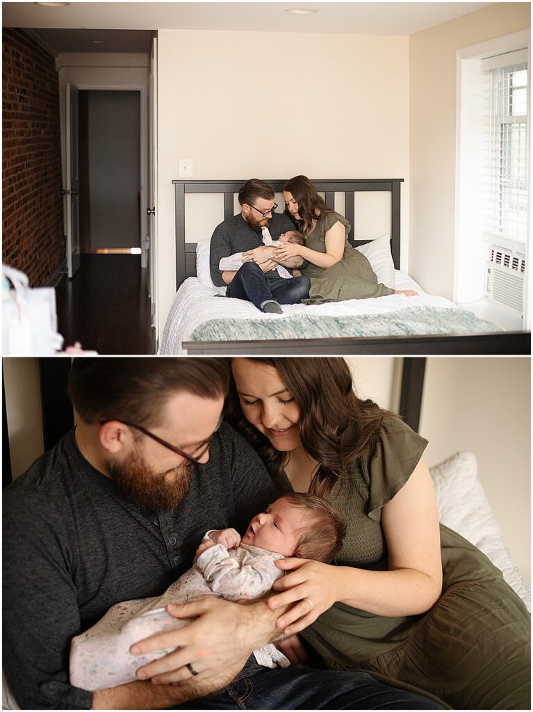 baltimore mom, dad, newborn cuddled on bed during in home newborn photography session