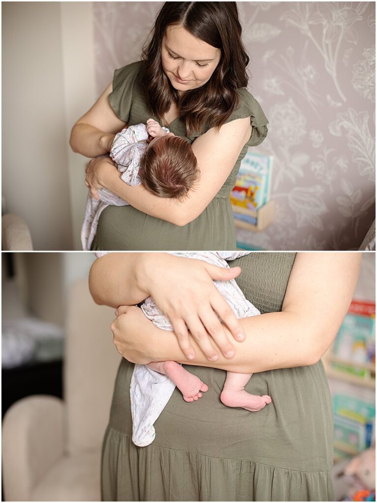mom holding newborn baby girl during baltimore in home newborn photos