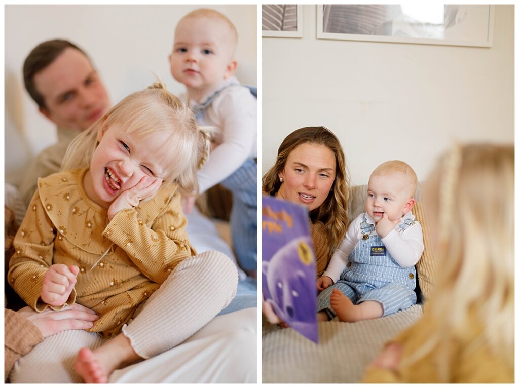 family together on couch for in home photo session Baltimore